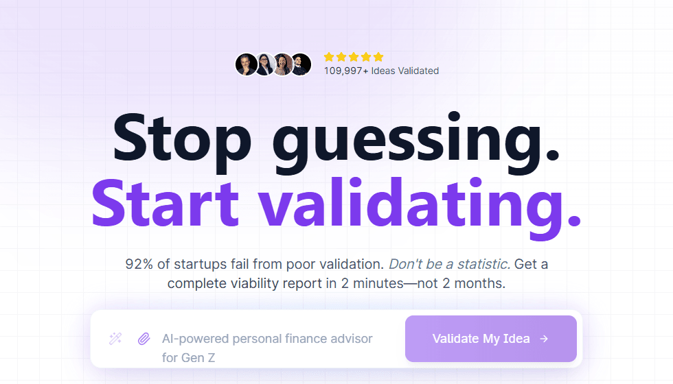 IdeaProof public validator showing a one-idea input and a two-minute viability report promise