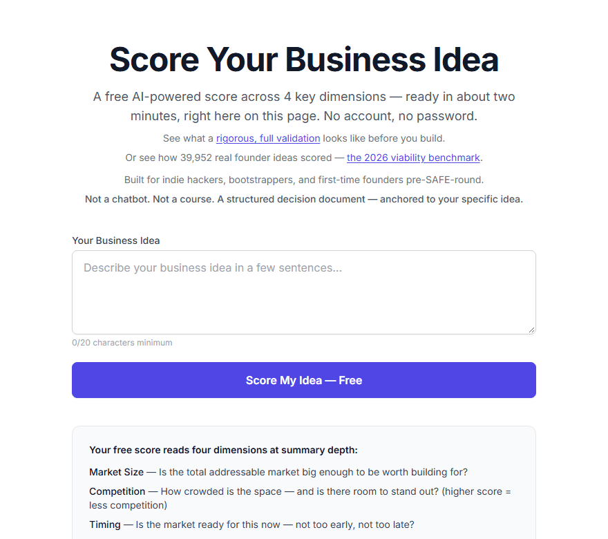 DimeADozen free idea score page asking for one business idea and listing four score dimensions