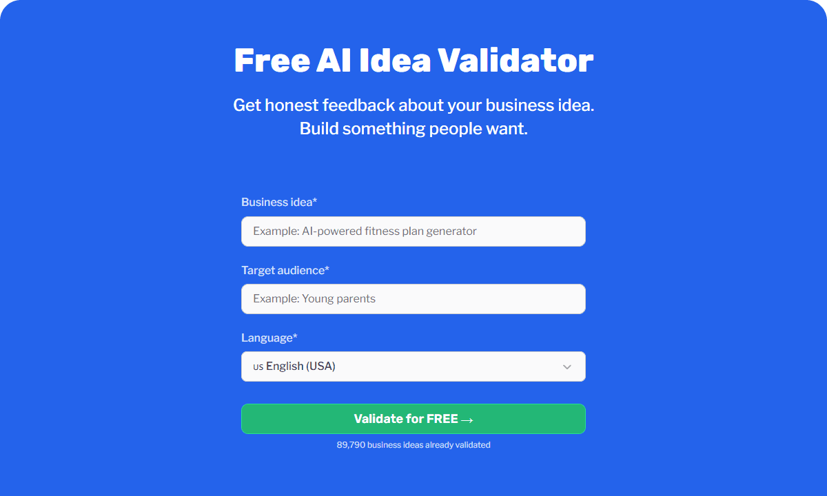 FounderPal free idea validator form asking for a business idea, target audience, and language
