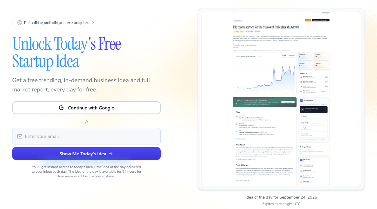 IdeaBrowser homepage showing the free startup idea of the day and a full market report preview