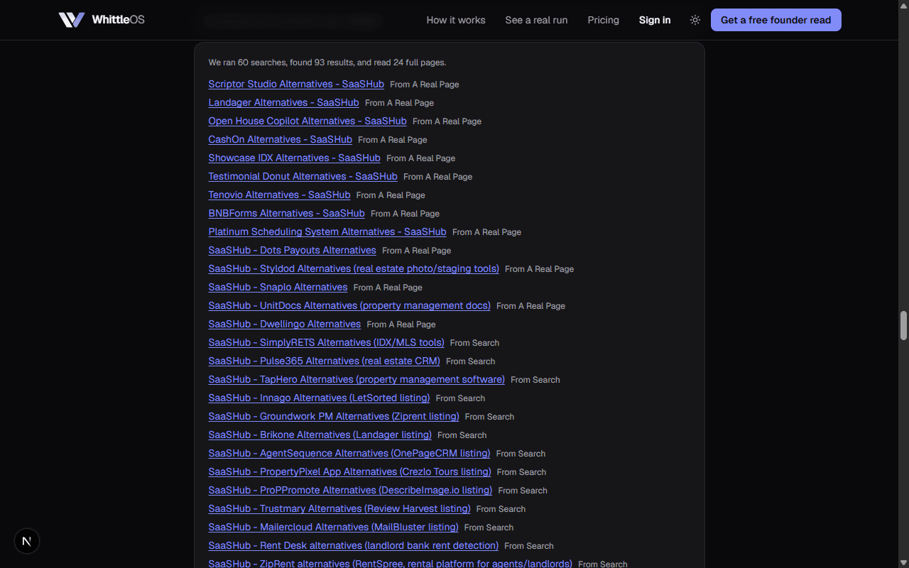 WhittleOS sample Discovery report listing fetched pages and search sources used in the run