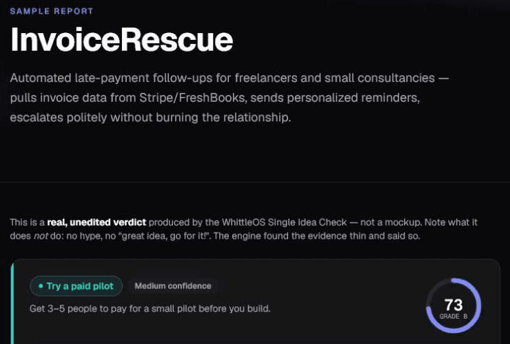 A real WhittleOS sample report showing a paid-pilot recommendation, score and next action for one idea.